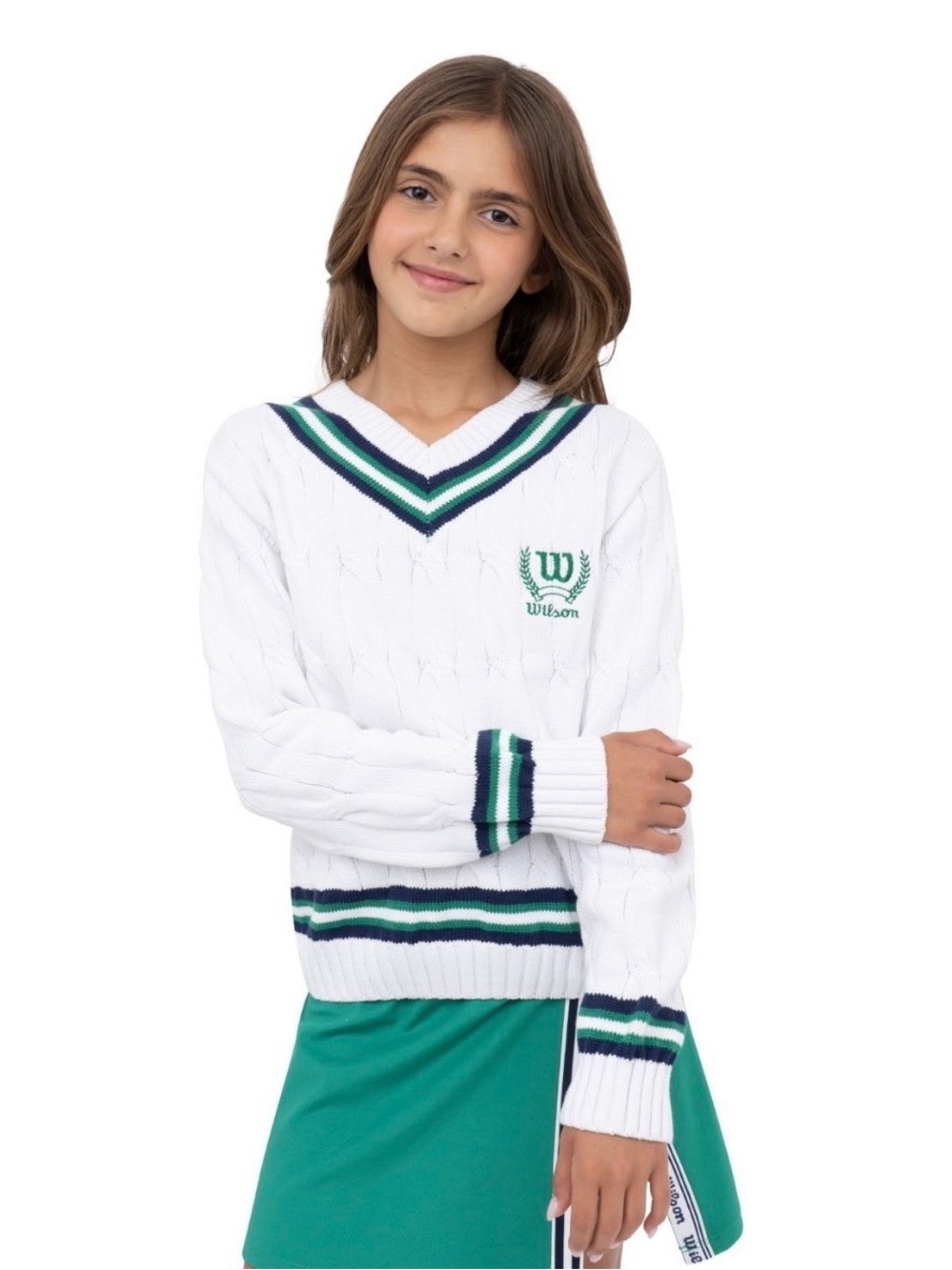 Wilson White Cable-Knit V-Neck Sweater with Green & Navy Stripes - Picture 2 of 11